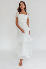 Delwynn Puff Sleeve Layered Midi Dress White