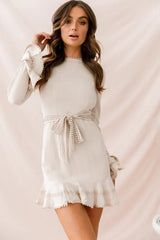 Aspley Flare Cuff Waist Tie Dress Beige