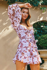 Make Memories Balloon Sleeve Molded Bust Dress Leaf Print Lilac