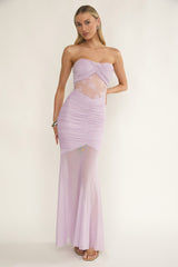 Sade Strapless Sheer Panel Ruched Maxi Dress Lilac