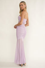 Sade Strapless Sheer Panel Ruched Maxi Dress Lilac