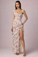 Asymmetric Ruffled Lace-Up Gown in Primrose Floral Print
