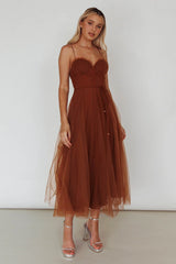 Smitten Sweetheart Neckline Chiffon Midi Dress Chocolate