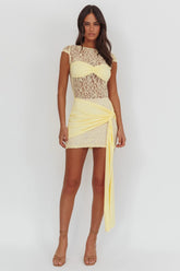 Baie Hip Sash Lace Overlay Mini Dress Lemon