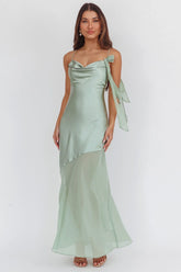 Gilded Dream Shoulder Detail Chiffon Hem Maxi Dress Sage