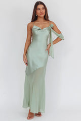 Gilded Dream Shoulder Detail Chiffon Hem Maxi Dress Sage