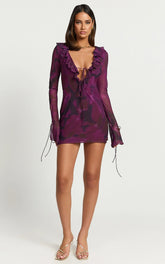 Alesya Mini Dress Ruffle Plunge Neck Long Sleeve Tie Detail Dress in Royal Adeana