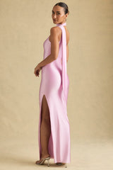 Asymmetric Scarf-Detail Maxi Dress in Soft Pink