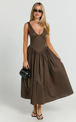 Beckett Midi Dress Scoop Neck Drop V Waist Gathered Skirt Dress in Dark Chocolate