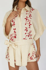 Daytona Beach Button-Up Romper Embroidered Oat