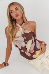 Wisteria Cowl Halterneck Top Floral Brown