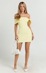 Cecilia Mini Dress Off Shoulder Tie Detail Dress in Lemon