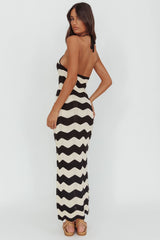 Yelena Halter Neck Knit Maxi Dress Zig-Zag Cream