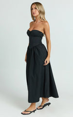 Daria Midi Dress Strapless Corset Gathered Dress in Black
