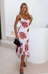 Castaway Midi Dress White Scarlet Bloom