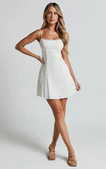 Gelli Mini Linen Blend Dress Strappy Lace Detail Dress in White