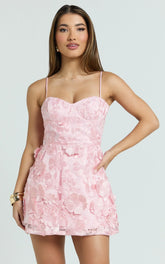 Kala Mini Dress 3D Floral A Line Dress in Pink