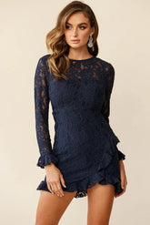 Tilly Lace Overlay Ruffle Trimmed Back Dress Navy