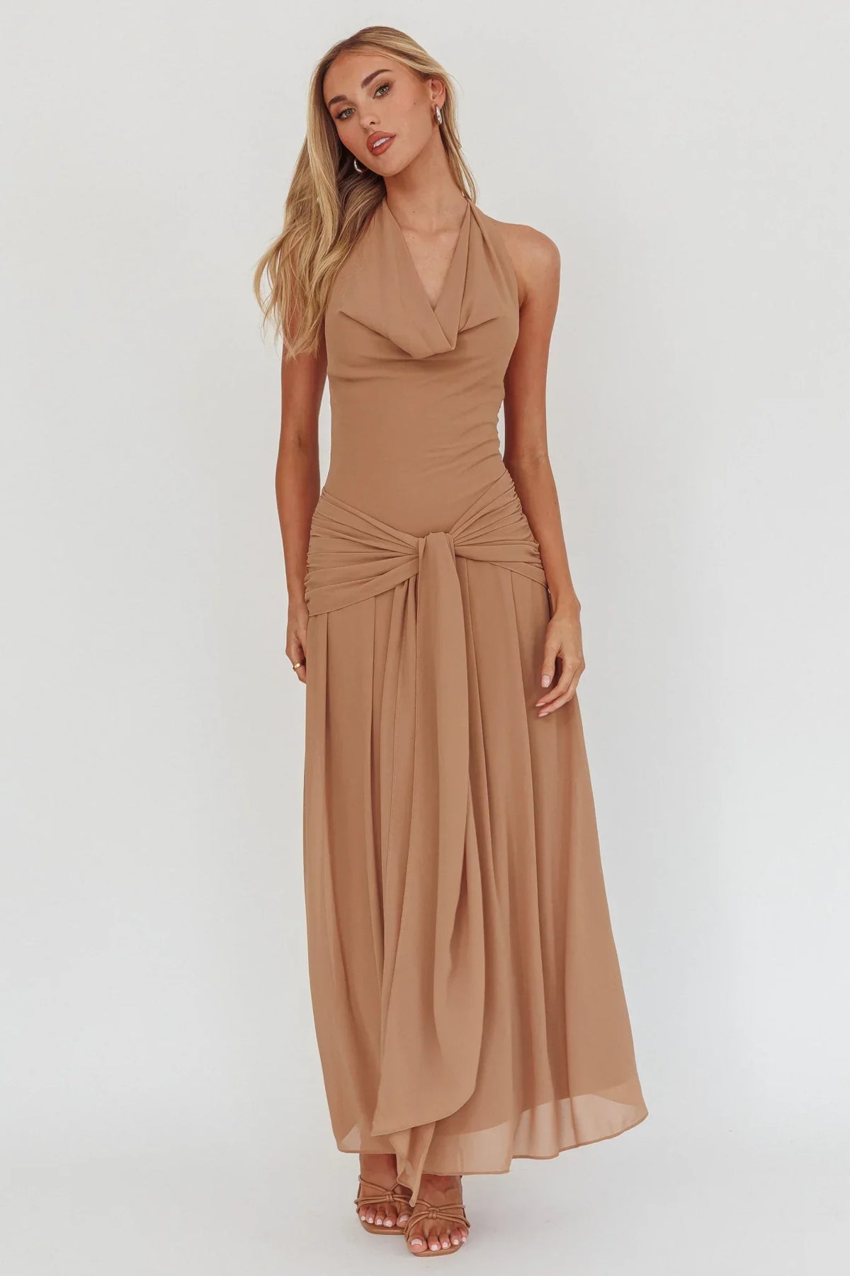 Maretha Cowl Halterneck Maxi Dress Latte