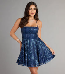 Thea Sequin Lace-Up Skater Dress
