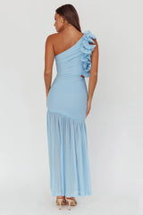 Deanna One-Shoulder Sheer Hem Maxi Dress Blue