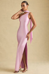 Asymmetric Scarf-Detail Maxi Dress in Soft Pink