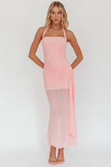 Rebekkah Halterneck Side Sash Maxi Dress Pink