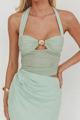 Sandy Shell Buckle Halter Maxi Dress Sage