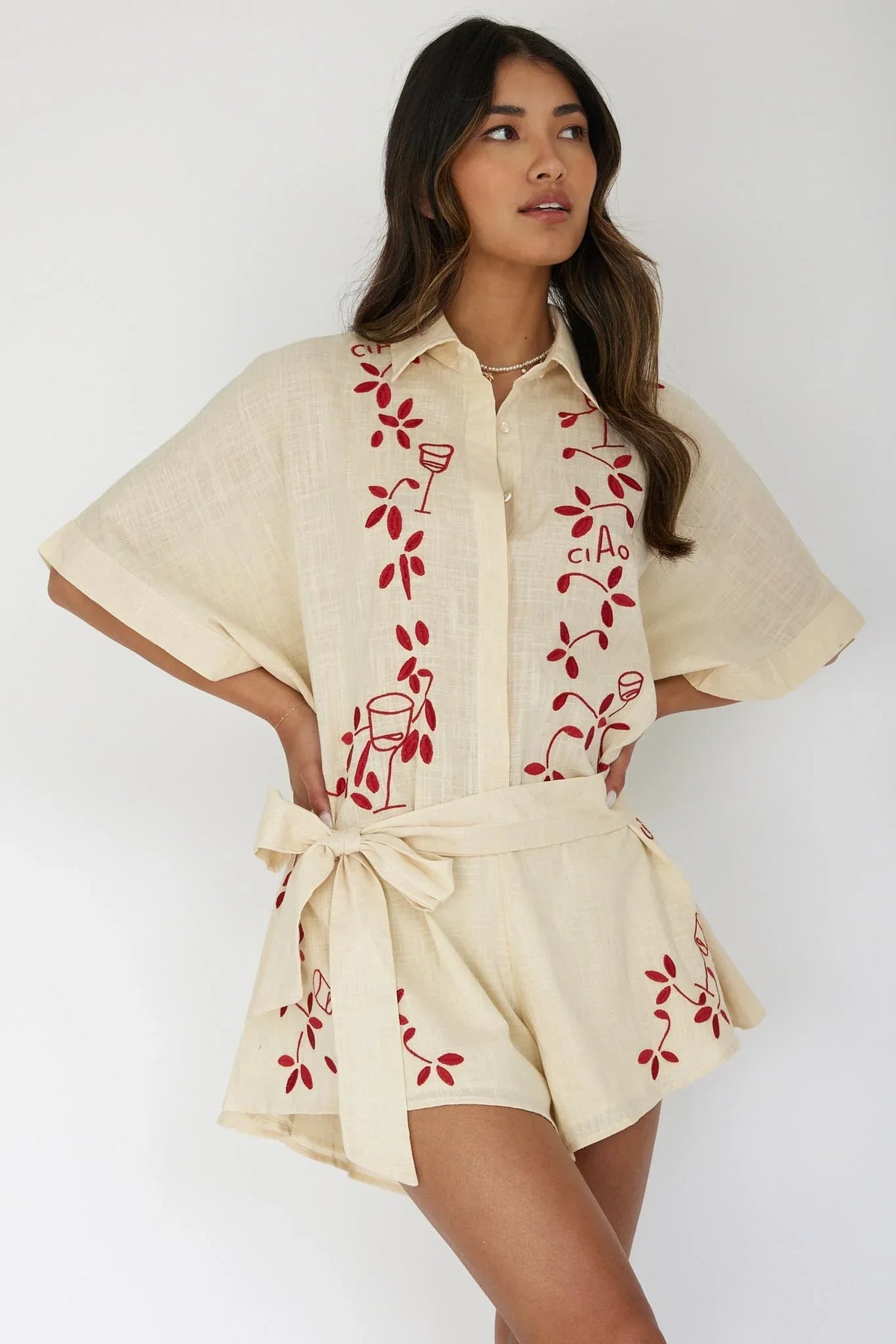 Daytona Beach Button-Up Romper Embroidered Oat