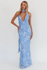 Cipriana Backless Halter Maxi Dress Embellished Blue