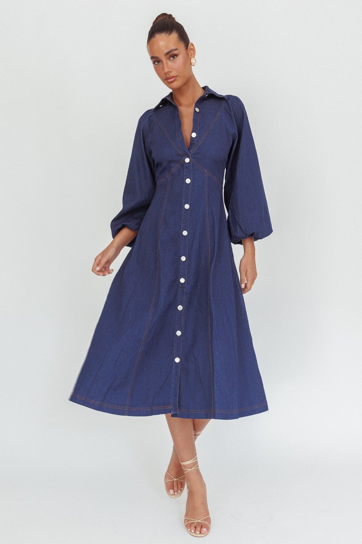 Ania Long Balloon Style Midi Dress Dark Denim