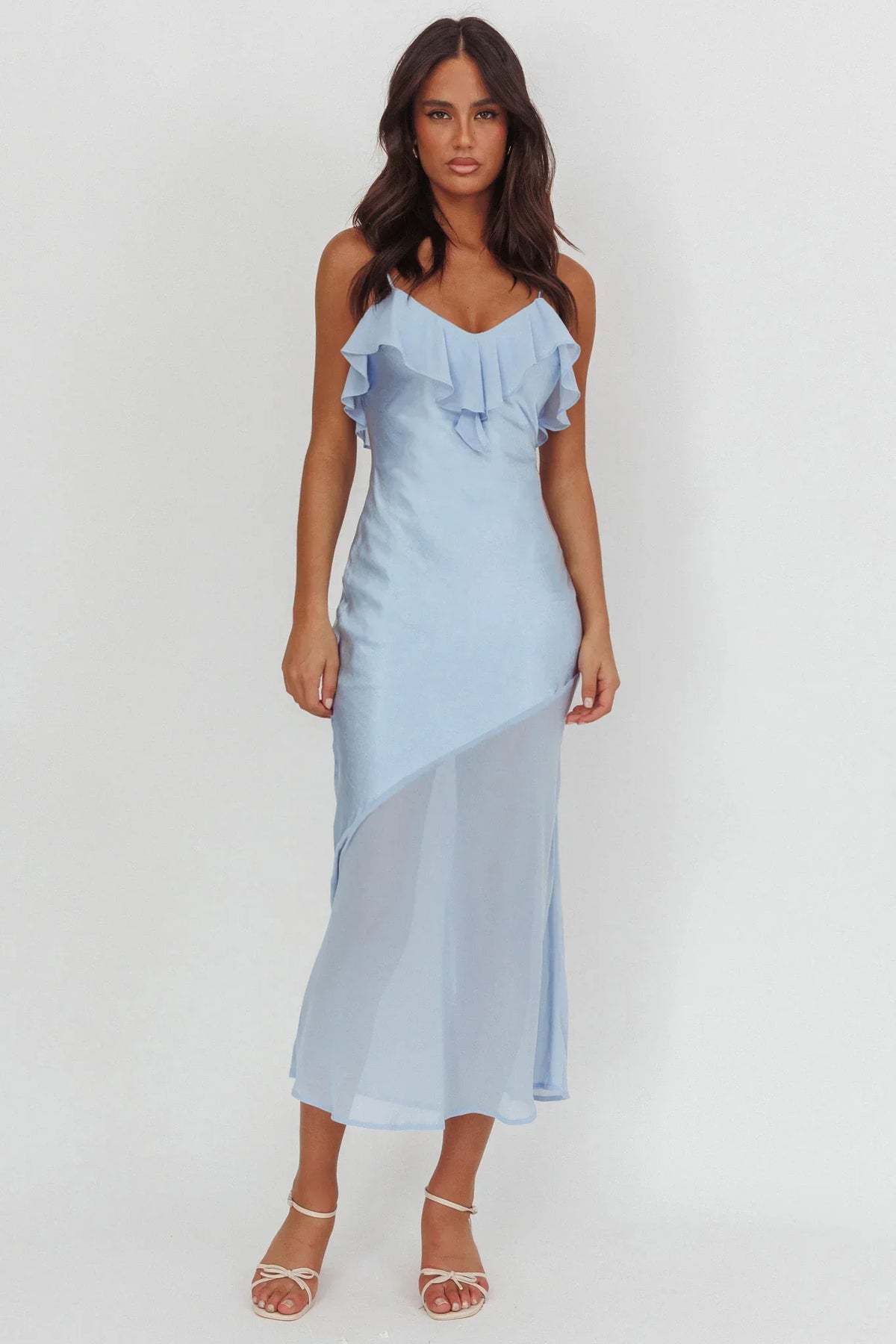 Talula Sheer Hem Ruffle Midi Dress Blue