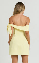 Cecilia Mini Dress Off Shoulder Tie Detail Dress in Lemon