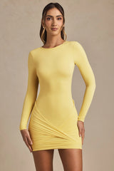 Twist-Front Ruched Backless Mini Dress in Pastel Yellow