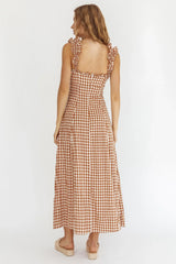 Warrior Sun Frill Strap Maxi Dress Tan Check