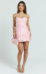 Kala Mini Dress 3D Floral A Line Dress in Pink
