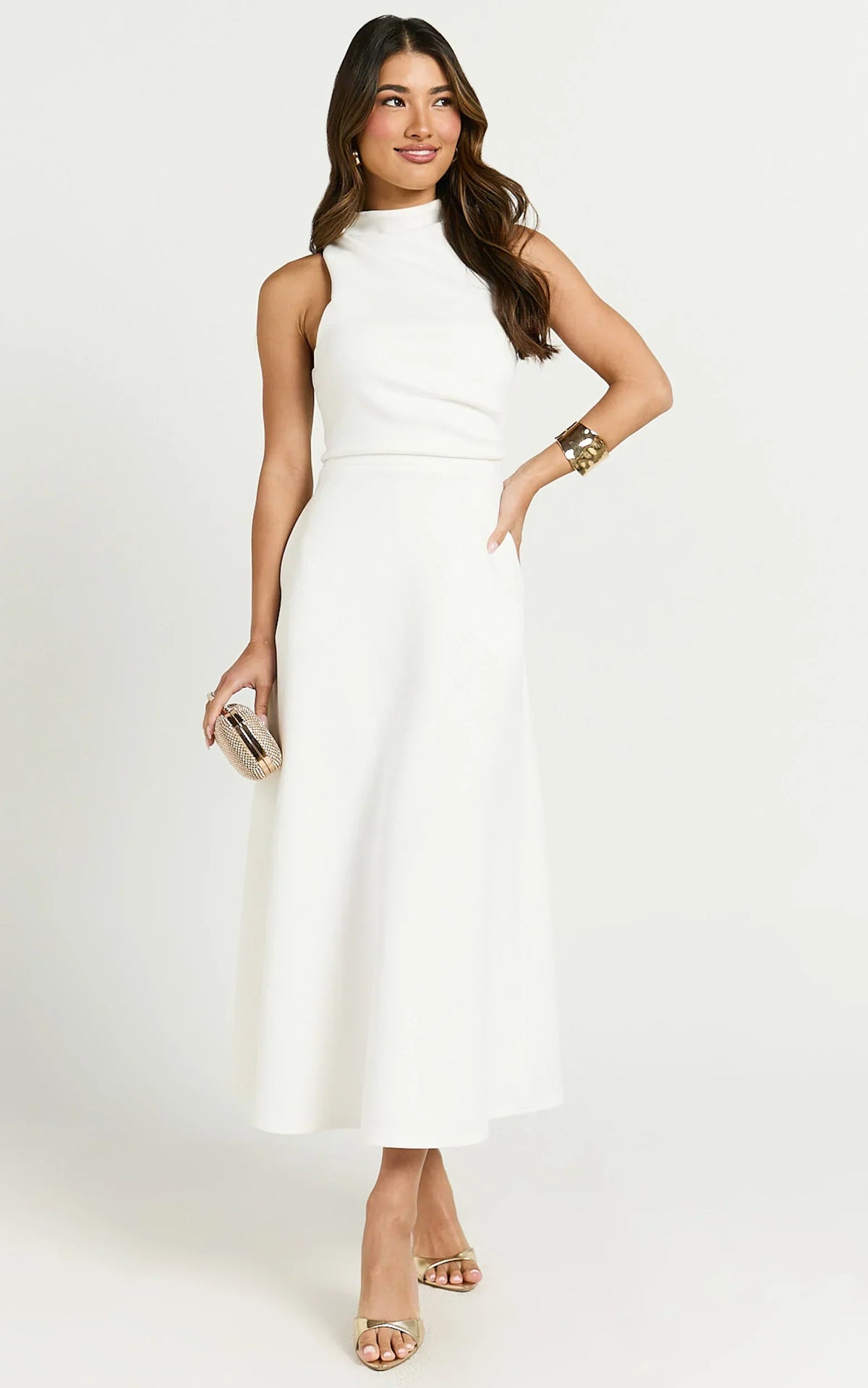 Macy Midi Dress High Neck A Line Dress in Off White