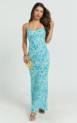 Robbie Maxi Dress Strappy Scoop Neck Column Fitted Sequin Mesh Dress in Blue
