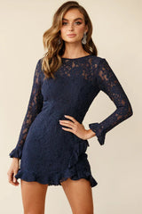Tilly Lace Overlay Ruffle Trimmed Back Dress Navy